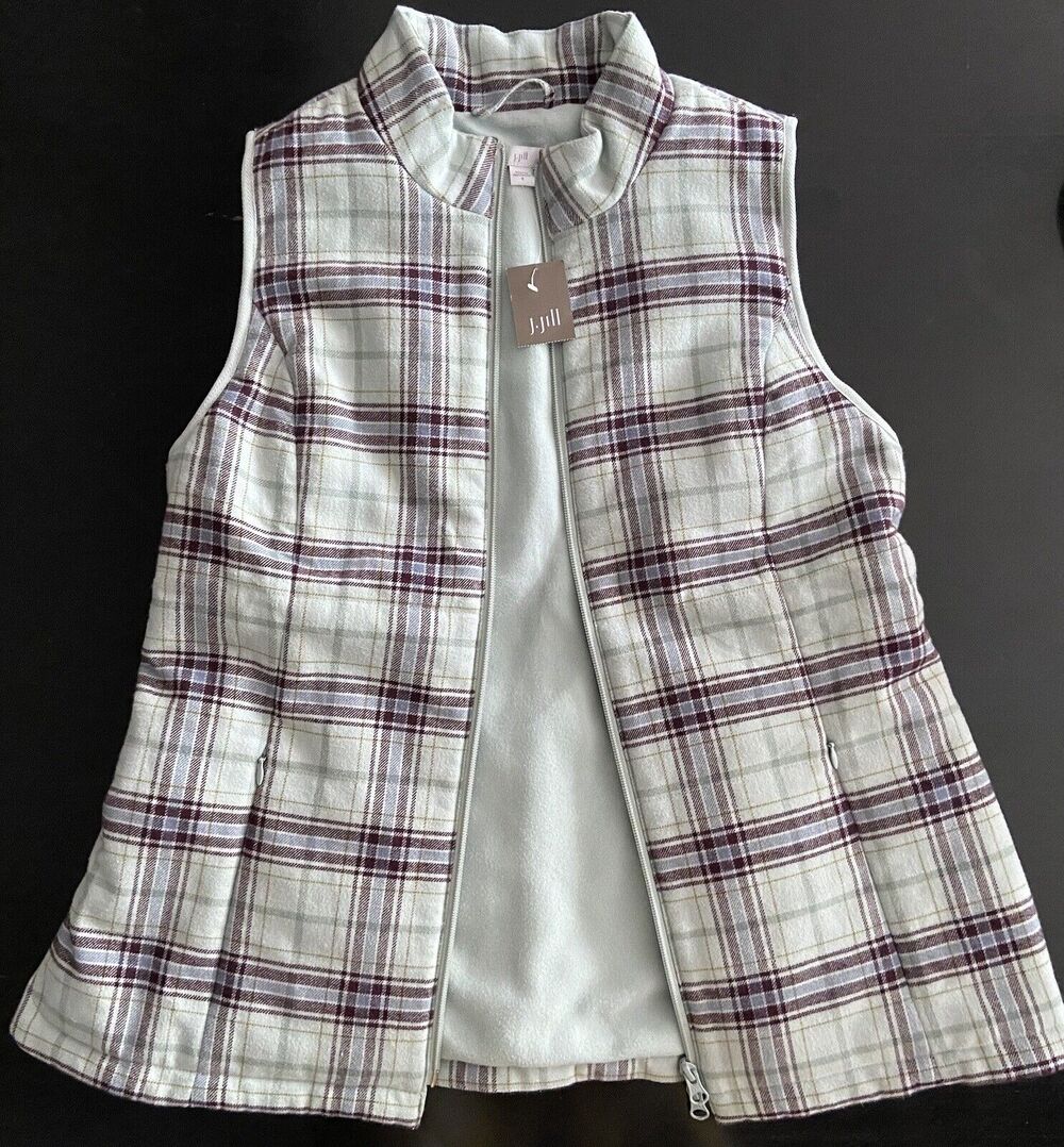 J.JILL Light Blue Plaid Flannel Fleece Lined Puffer Vest sz S (NWT)